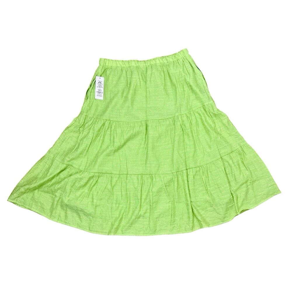 Nanette Lepore Tiered Midi Skirt Sz L Lime Green Metallic Gold Boho Chic NWT